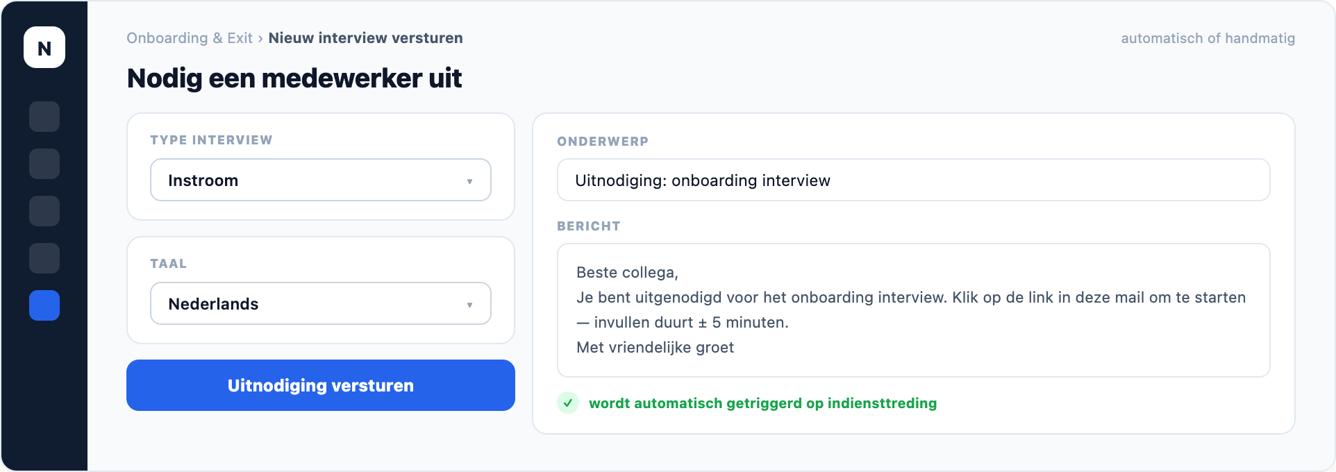 NEVWARE Onboarding & Exit — interview versturen, productweergave